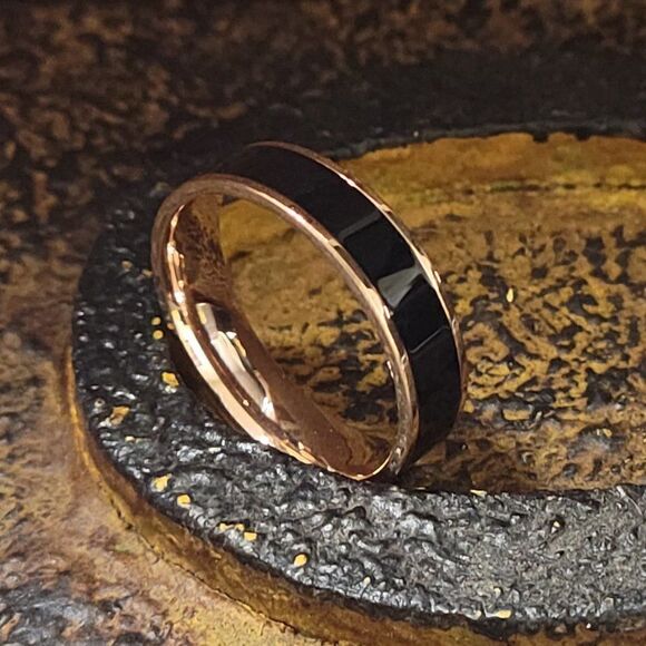 Men's Real Rose Gold Tungsten Wedding Ring With Black Ceramic Inlay Guys Ring - Picture 4 of 10